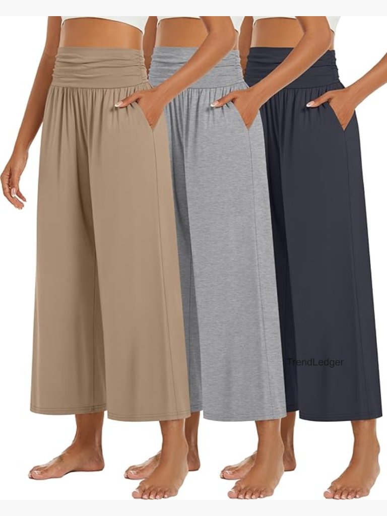 3 Pack Wide Leg Pants High Waist Loose Casual Yoga Lounge Trousers With Pockets